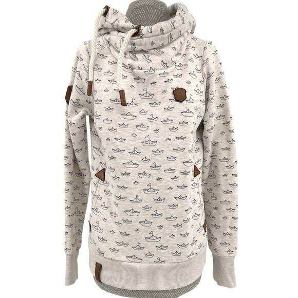 Naketano Paper Sailboats Hoodie Cream Nautical Chunky Cowl Neck Cozy Warm Size M